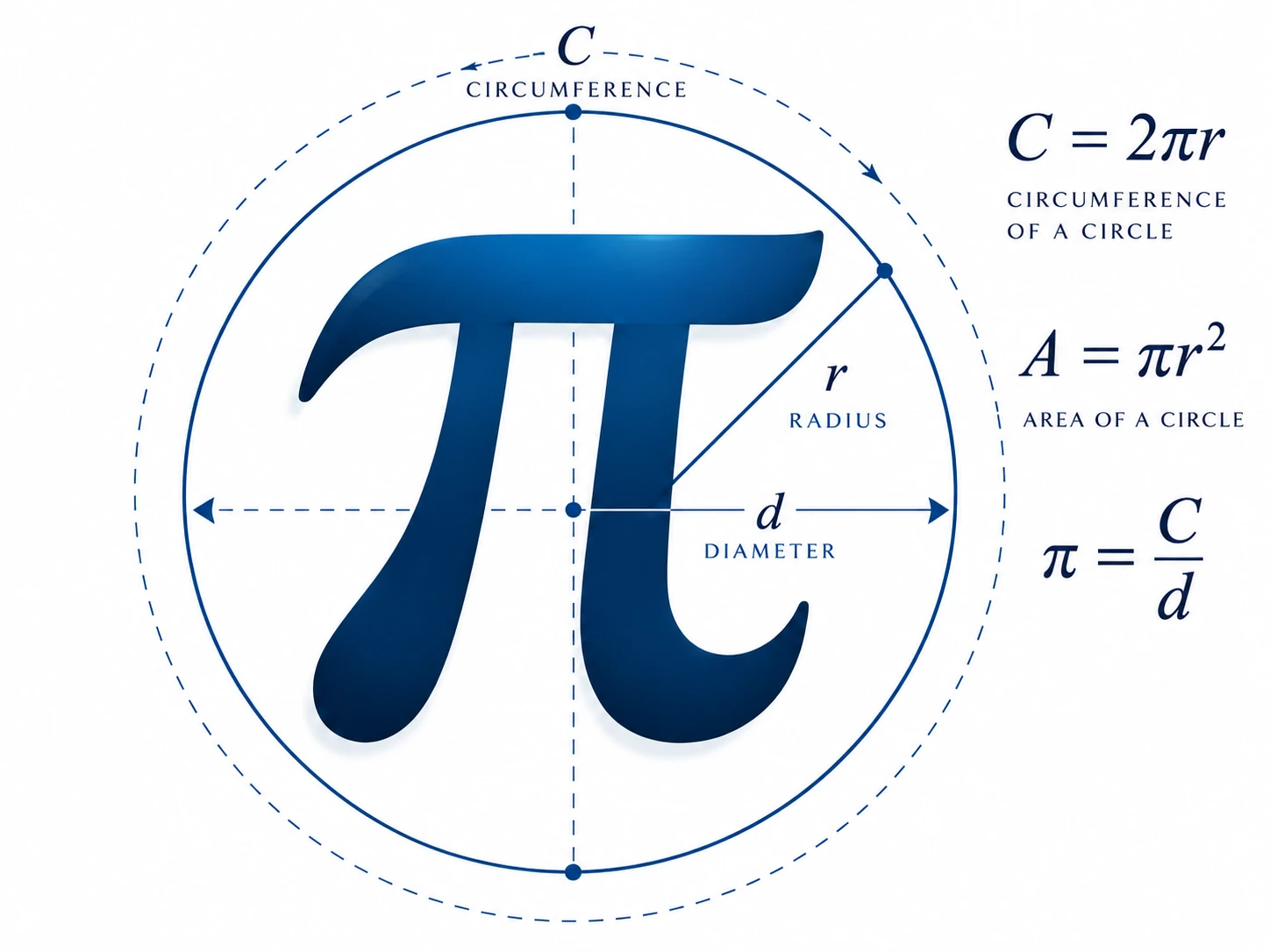 Das Zeichen Pi in einem Kreis mit Radius, Durchmesser und Umfang